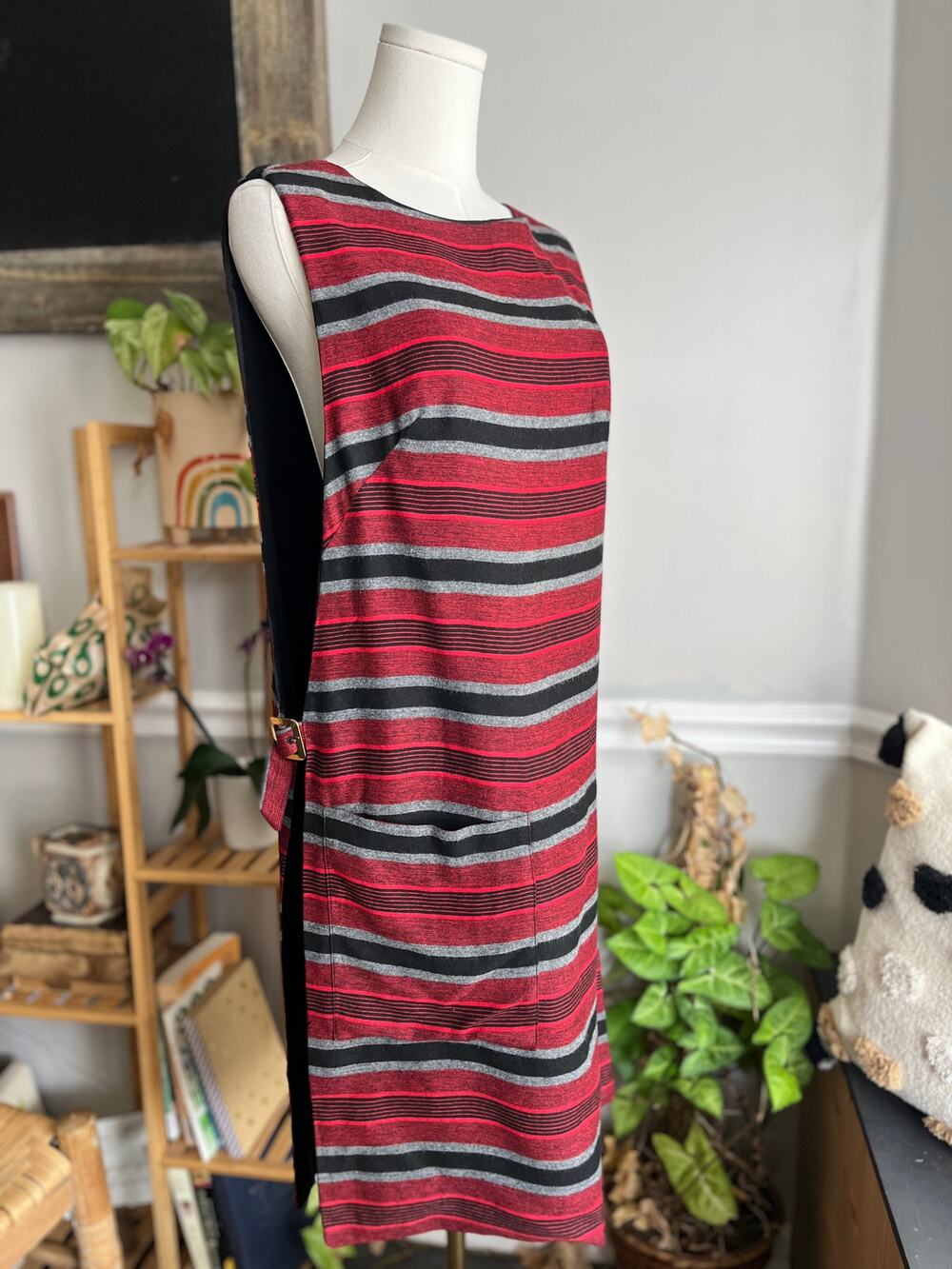 Vintage 90s Pinafore Dress Red Black Gray Striped Lagenlook Size Small